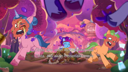 Size: 3072x1727 | Tagged: safe, screencap, grassy hills, misty brightdawn, plum library, pony, unicorn, friday night food fight, g5, my little pony: tell your tale, spoiler:g5, spoiler:my little pony: tell your tale, spoiler:tyts01e66, coward, eyes closed, female, food, grapes, headband, indonesian, male, mare, one eye closed, open mouth, rebirth misty, shooting, stallion, subtitles, trio