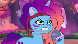 Size: 3072x1727 | Tagged: safe, screencap, misty brightdawn, pony, unicorn, friday night food fight, g5, my little pony: tell your tale, spoiler:g5, spoiler:my little pony: tell your tale, spoiler:tyts01e66, female, frown, headband, indonesian, mare, rebirth misty, solo, subtitles, sweat, sweatdrop