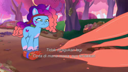 Size: 3072x1727 | Tagged: safe, screencap, misty brightdawn, pony, unicorn, friday night food fight, g5, my little pony: tell your tale, spoiler:g5, spoiler:my little pony: tell your tale, spoiler:tyts01e66, bandana, female, food, frown, headband, indonesian, ketchup, mare, rebirth misty, sauce, solo, subtitles
