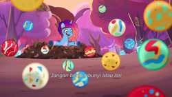Size: 3072x1727 | Tagged: safe, screencap, misty brightdawn, pony, unicorn, friday night food fight, g5, my little pony: tell your tale, spoiler:g5, spoiler:my little pony: tell your tale, spoiler:tyts01e66, female, indonesian, mare, open mouth, open smile, rebirth misty, smiling, solo, subtitles