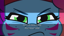 Size: 3072x1727 | Tagged: safe, screencap, misty brightdawn, pony, unicorn, friday night food fight, g5, my little pony: tell your tale, spoiler:g5, spoiler:my little pony: tell your tale, spoiler:tyts01e66, close-up, extreme close-up, female, frown, headband, indonesian, mare, rebirth misty, solo, subtitles