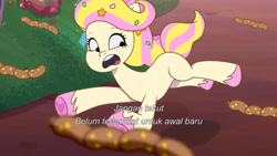 Size: 3072x1727 | Tagged: safe, screencap, vanilla swirl, earth pony, pony, friday night food fight, g5, my little pony: tell your tale, spoiler:g5, spoiler:my little pony: tell your tale, spoiler:tyts01e66, female, indonesian, mare, open mouth, solo, subtitles