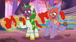 Size: 3072x1727 | Tagged: safe, screencap, leaf pony, shiny sparks, pony, unicorn, friday night food fight, g5, my little pony: tell your tale, spoiler:g5, spoiler:my little pony: tell your tale, spoiler:tyts01e66, duo, duo female, female, food, indonesian, magic, mare, open mouth, pasta, spaghetti, subtitles, telekinesis