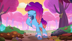 Size: 3072x1727 | Tagged: safe, screencap, misty brightdawn, pony, unicorn, friday night food fight, g5, my little pony: tell your tale, spoiler:g5, spoiler:my little pony: tell your tale, spoiler:tyts01e66, eyes closed, female, headband, indonesian, mare, rebirth misty, solo, subtitles