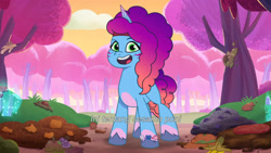 Size: 3072x1727 | Tagged: safe, screencap, misty brightdawn, pony, unicorn, friday night food fight, g5, my little pony: tell your tale, spoiler:g5, spoiler:my little pony: tell your tale, spoiler:tyts01e66, cute, eyebrows, female, headband, indonesian, mare, mistybetes, open mouth, open smile, raised eyebrow, rebirth misty, smiling, solo, subtitles
