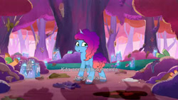 Size: 3072x1727 | Tagged: safe, screencap, dapple, grassy hills, misty brightdawn, pony, unicorn, friday night food fight, g5, my little pony: tell your tale, spoiler:g5, spoiler:my little pony: tell your tale, spoiler:tyts01e66, :o, colored hooves, female, indonesian, looking at you, looking back, looking back at you, male, mare, open mouth, rebirth misty, solo focus, stallion, subtitles, whisker markings