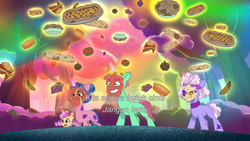 Size: 3072x1727 | Tagged: safe, screencap, elderberry blossom, emerald saucer, molly blossom, plum library, pony, unicorn, friday night food fight, g5, my little pony: tell your tale, spoiler:g5, spoiler:my little pony: tell your tale, spoiler:tyts01e66, baguette, banana, bread, cake, female, filly, foal, food, frown, grin, indonesian, magic, male, mare, open mouth, open smile, pie, pizza, smiling, stallion, subtitles, telekinesis