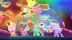 Size: 3072x1727 | Tagged: safe, screencap, elderberry blossom, emerald saucer, molly blossom, plum library, pony, unicorn, friday night food fight, g5, my little pony: tell your tale, spoiler:g5, spoiler:my little pony: tell your tale, spoiler:tyts01e66, baguette, banana, bread, cake, eyes closed, female, filly, foal, food, grin, indonesian, magic, male, mare, open mouth, open smile, pie, pizza, smiling, stallion, subtitles, telekinesis