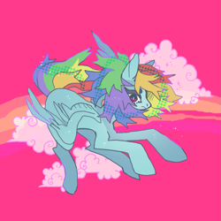 Size: 851x851 | Tagged: safe, artist:cutesykill, rainbow dash, pegasus, pony, g4, beanbrows, closed mouth, cloud, eyebrows, female, flying, frown, looking at you, magenta background, mare, pink background, short hair rainbow dash, simple background, solo