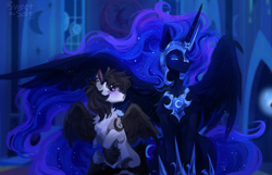 Size: 4104x2651 | Tagged: safe, artist:sweettsa1t, nightmare moon, oc, alicorn, pegasus, pony, g4, armor, chest fluff, commission, duo, female, helmet, hoof shoes, horn, horn blade, horn guard (armor), male, mare, peytral, spread wings, stallion, unshorn fetlocks, wings, ych result