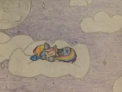 Size: 960x720 | Tagged: safe, artist:lunarknight, rainbow dash, scootaloo, pegasus, pony, g4, cloud, cute, cutealoo, dashabetes, female, midnight, night, scootalove, siblings, sisters, sleeping, sleeping together, smiling