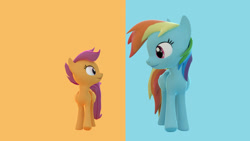 Size: 1024x576 | Tagged: safe, artist:nein-skill, rainbow dash, scootaloo, pegasus, pony, g4, 3d, blue background, duo, female, filly, foal, looking at each other, looking at someone, mare, orange background, scootalove, siblings, simple background, sisters, smiling, source filmmaker