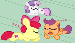 Size: 808x466 | Tagged: safe, artist:harmonybunny2023, apple bloom, scootaloo, sweetie belle, earth pony, pegasus, pony, unicorn, g4, apple bloom's bow, bow, cutie mark crusaders, female, filly, foal, hair bow, headcanon in the description, onomatopoeia, sleeping, sleeping together, snoring, sound effects, trio, zzz