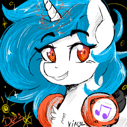 Size: 512x512 | Tagged: safe, artist:thelunarmoon, dj pon-3, vinyl scratch, pony, unicorn, g4, black background, bust, chest fluff, eyebrows, eyebrows visible through hair, female, glowing, glowing horn, grin, headphones, headphones around neck, horn, looking at you, mare, missing accessory, no glasses, simple background, smiling, smiling at you, solo