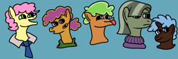 Size: 1500x500 | Tagged: safe, artist:dexterousdecarius, li'l cheese, oc, oc:chicory root, oc:jelly gelato, oc:peanut pickler, oc:roxy road, earth pony, pony, unicorn, g4, the last problem, blue background, half-siblings, magical gay spawn, multicolored hair, next generation, offspring, parent:cheese sandwich, parent:party favor, parent:pinkie pie, parents:cheesepie, parents:partycheesepie, parents:partypie, siblings, simple background