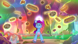 Size: 3072x1727 | Tagged: safe, screencap, misty brightdawn, pony, unicorn, friday night food fight, g5, my little pony: tell your tale, spoiler:g5, spoiler:my little pony: tell your tale, spoiler:tyts01e66, female, food, gritted teeth, indonesian, mare, pie, pizza, rebirth misty, solo, subtitles, teeth