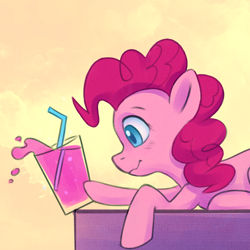 Size: 2560x2560 | Tagged: safe, artist:replacer808, pinkie pie, earth pony, pony, g4, behaving like a cat, female, glass, high res, juice, lemonade, lying down, mare, prone, pure unfiltered evil, pushing, solo, spill, straw, table, wavy mouth