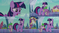 Size: 2000x1125 | Tagged: safe, edit, edited screencap, editor:quoterific, screencap, princess flurry heart, shining armor, spike, twilight sparkle, alicorn, dragon, pony, unicorn, g4, the times they are a changeling, armor, baby, baby pony, crystal empire, female, male, mare, stallion, twilight sparkle (alicorn)