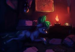 Size: 3709x2560 | Tagged: safe, artist:terrafomer, oc, oc only, pony, unicorn, candle, document, female, high res, mare, reading, solo
