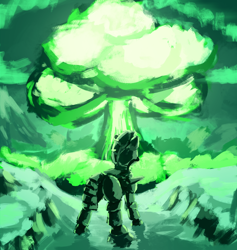 Size: 3324x3502 | Tagged: safe, artist:terrafomer, oc, oc only, oc:steelhooves, earth pony, pony, fallout equestria, armor, balefire, balefire bomb, explosion, fire, high res, male, megaspell explosion, mushroom cloud, solo, stallion, steel ranger, weapon