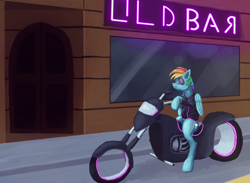 Size: 4550x3330 | Tagged: safe, artist:terrafomer, rainbow dash, pegasus, pony, g4, bar, clothes, female, mare, motorcycle, solo