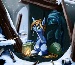 Size: 1200x1045 | Tagged: safe, artist:anonymous, artist:terrafomer, oc, oc only, earth pony, ghost, ghost pony, pony, bag, bandage, fire, imminent death, rebar, snow, snowfall