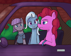 Size: 3250x2560 | Tagged: safe, artist:terrafomer, maud pie, pinkie pie, trixie, earth pony, pony, unicorn, g4, bracelet, car, clothes, daria, female, high res, jewelry, mare, ponified, redraw, trio