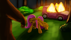 Size: 4551x2560 | Tagged: safe, artist:terrafomer, fluttershy, bear, pegasus, pony, g4, car, female, fire, joke, mare, meme, ponified meme