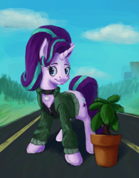 Size: 2000x2560 | Tagged: safe, artist:terrafomer, starlight glimmer, pony, unicorn, g4, choker, clothes, female, high res, jacket, mare, potted plant, road, solo