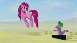 Size: 2560x1440 | Tagged: safe, artist:terrafomer, pinkie pie, spike, dragon, g4, desert, duo, female, hopping, male, mare