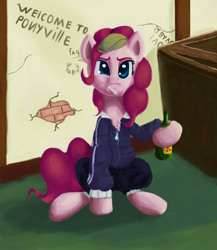 Size: 1300x1500 | Tagged: safe, artist:terrafomer, pinkie pie, earth pony, pony, g4, candy, cap, cider, female, food, gopnik, graffiti, hat, lollipop, mare, solo, tracksuit