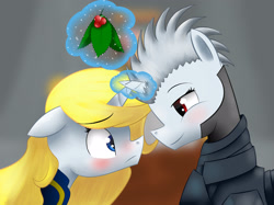 Size: 2670x2000 | Tagged: safe, artist:terrafomer, oc, oc only, pony, unicorn, fallout equestria, armor, blushing, clothes, female, high res, holly, holly mistaken for mistletoe, imminent kissing, jumpsuit, lesbian, magic, mare, telekinesis, vault suit