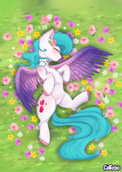 Size: 2894x4093 | Tagged: safe, artist:cottonheart05, oc, oc only, oc:cotton heart, pegasus, pony, flower, image macro, overhead view, resting, solo, text