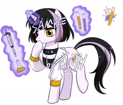 Size: 1866x1600 | Tagged: safe, artist:mjiffy, oc, oc only, pony, unicorn, beaker, choker, clothes, female, jacket, magic, mare, simple background, solo, telekinesis, test tube, translation request, watermark, white background