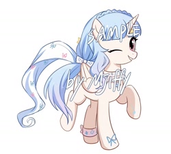 Size: 1777x1600 | Tagged: safe, artist:mjiffy, oc, oc only, pony, unicorn, bow, bracelet, choker, female, hair bow, jewelry, mare, one eye closed, simple background, solo, watermark, white background, wink