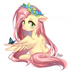 Size: 1648x1688 | Tagged: safe, artist:mjiffy, fluttershy, butterfly, pegasus, pony, g4, cute, female, floral head wreath, flower, looking at you, looking back, mare, shyabetes, simple background, solo, white background, wrong eye color