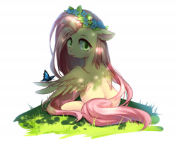 Size: 2200x1800 | Tagged: safe, artist:mjiffy, fluttershy, butterfly, pegasus, pony, g4, alternate hairstyle, cute, female, floral head wreath, flower, looking at you, looking back, mare, shyabetes, simple background, solo, white background