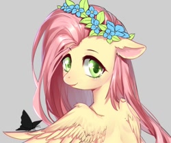Size: 910x762 | Tagged: safe, artist:mjiffy, fluttershy, butterfly, pegasus, pony, g4, cute, female, floral head wreath, flower, gray background, looking at you, looking back, mare, shyabetes, simple background, solo, wip