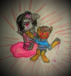 Size: 2992x3198 | Tagged: safe, artist:mettaton, demon, demon pony, pony, robot, robot pony, g4, blushing, breasts, broken horn, chara, clothes, crying, dark background, dripping blood, duo, ear fluff, ears back, ears up, female, fight, frisk, heartbreak, high res, horn, laughing, lineart, male, male to female, mettaton, mettaton ex, open mouth, phone, raised hoof, red eyes, rule 63, sad, selfie, sitting, sweater, traditional art, undertale, unshorn fetlocks