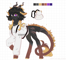 Size: 5000x4590 | Tagged: safe, artist:cherebushek, oc, oc only, original species, pony, abstract background, adoptable, backpack, bandaid, bandaid on nose, clothes, female, horns, leonine tail, mare, reference sheet, solo, sweater, tail