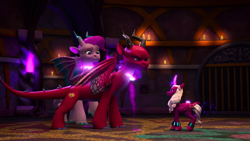 Size: 1920x1080 | Tagged: safe, screencap, jade (g5), lava (g5), opaline arcana, alicorn, dragon, pony, g5, my little pony: make your mark, my little pony: make your mark chapter 6, official, the isle of scaly, spoiler:g5, spoiler:my little pony: make your mark chapter 6, spoiler:mymc06e01, dragoness, female, male, mare, trio