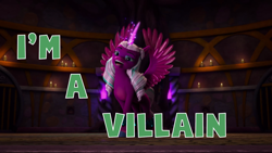 Size: 1920x1080 | Tagged: safe, screencap, opaline arcana, alicorn, pony, g5, my little pony: make your mark, my little pony: make your mark chapter 6, official, the isle of scaly, spoiler:g5, captain obvious, card carrying villain, female, mare, open mouth, open smile, smiling, solo, spread wings, villain (song), wings