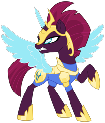 Size: 3592x4220 | Tagged: safe, artist:mlgtrap, derpibooru exclusive, fizzlepop berrytwist, tempest shadow, alicorn, pony, unicorn, g4, alternate universe, amputee, armor, artificial wings, augmented, broken horn, crown, glowing, glowing eyes, golden armor, horn, jewelry, prosthetic horn, prosthetic limb, prosthetic wing, prosthetics, regalia, simple background, solo, storm king's emblem, tempest gets her horn back, tempest gets her wings back, transparent background, what if, wings