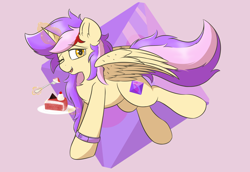 Size: 2464x1700 | Tagged: safe, artist:hcl, oc, oc only, oc:amatista rhyme, alicorn, pony, alicorn oc, cake, food, fork, horn, magic, one eye closed, plate, solo, telekinesis, wings