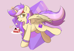 Size: 2464x1700 | Tagged: safe, alternate version, artist:hcl, oc, oc only, oc:amatista rhyme, alicorn, pony, alicorn oc, cake, food, fork, horn, magic, one eye closed, plate, solo, telekinesis, wings