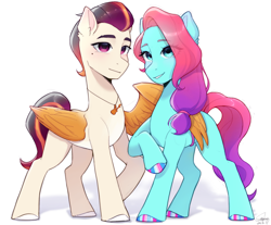 Size: 3272x2709 | Tagged: safe, artist:xiaowu07, jazz hooves, rocky riff, earth pony, pegasus, pony, g5, duo, duo male and female, female, high res, looking at you, male, mare, ship:rockjazz, shipping, simple background, smiling, stallion, straight, white background