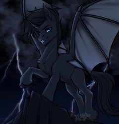 Size: 2946x3068 | Tagged: safe, artist:enderbee, oc, alicorn, bat pony, pegasus, pony, commission, full body, glowing, glowing eyes, high res, lightning, male, sky, smiling, solo, spread wings, stallion, sternocleidomastoid, wings, ych example, your character here