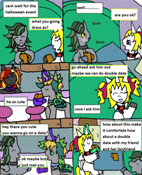 Size: 1270x1564 | Tagged: safe, artist:ask-luciavampire, oc, oc:ellen mina, oc:iris nala, alicorn, bat pony, changeling, pony, coffee cup, comic, cup, date, tumblr, tumblr:ask-myth-melody-ponys