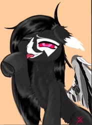 Size: 1080x1466 | Tagged: safe, artist:btg, oc, oc only, oc:lily btg, demon, demon pony, pony, chest fluff, ear fluff, female, hoof licking, hybrid oc, licking, looking at you, mare, one eye closed, simple background, smiling, smiling at you, wings