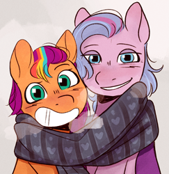 Size: 2919x3003 | Tagged: safe, artist:daisy_marshmallow, queen haven, sunny starscout, earth pony, pegasus, pony, g5, adorahaven, breath, clothes, cold, cute, female, high res, lesbian, looking at you, mare, messy mane, scarf, shared clothing, shared scarf, ship:sunnyhaven, shipping, smiling, smiling at you, sunnybetes